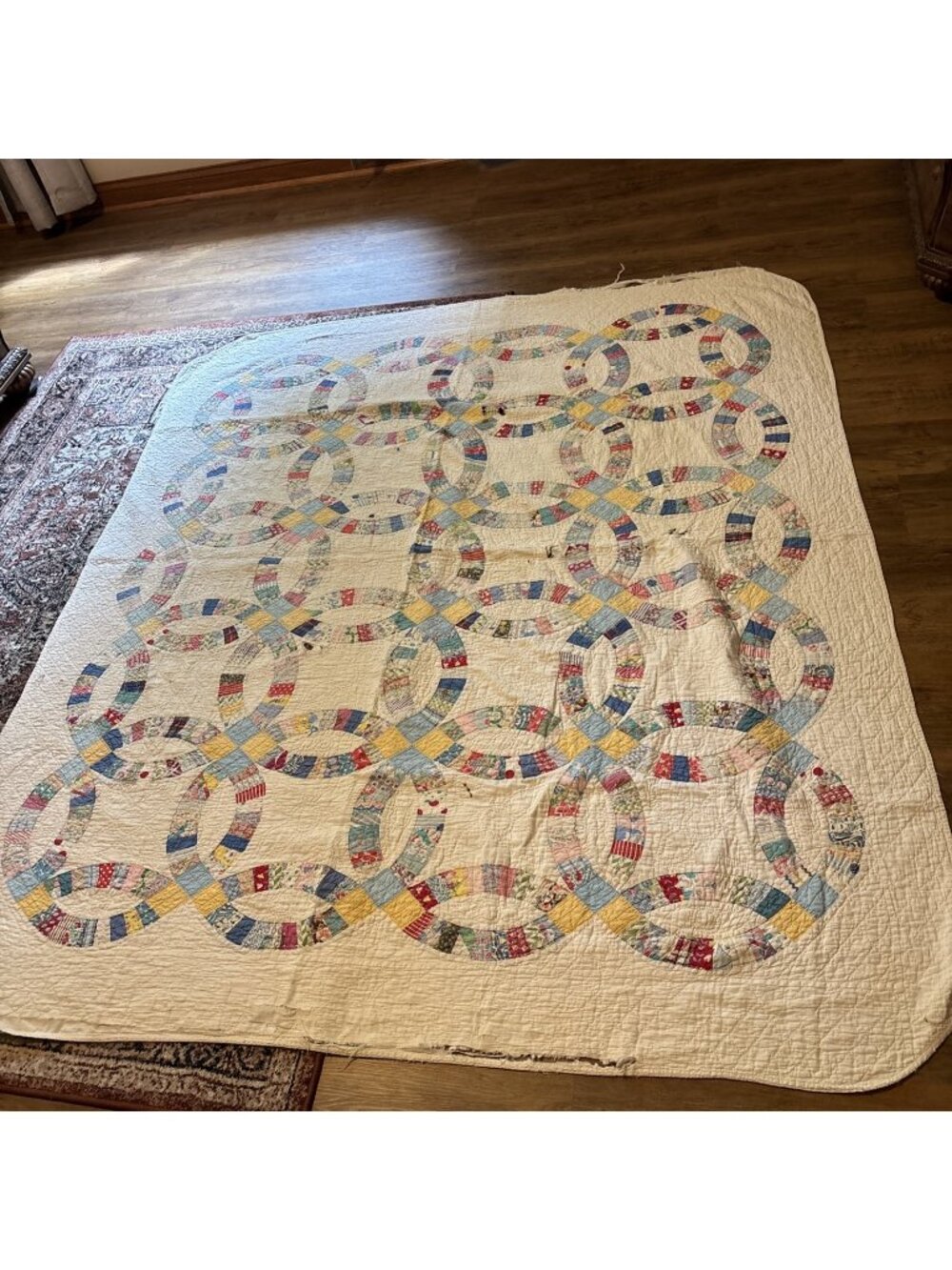Vintage Double Wedding Ring Quilt Some Holes And Damage Hand Stitched 1930’s